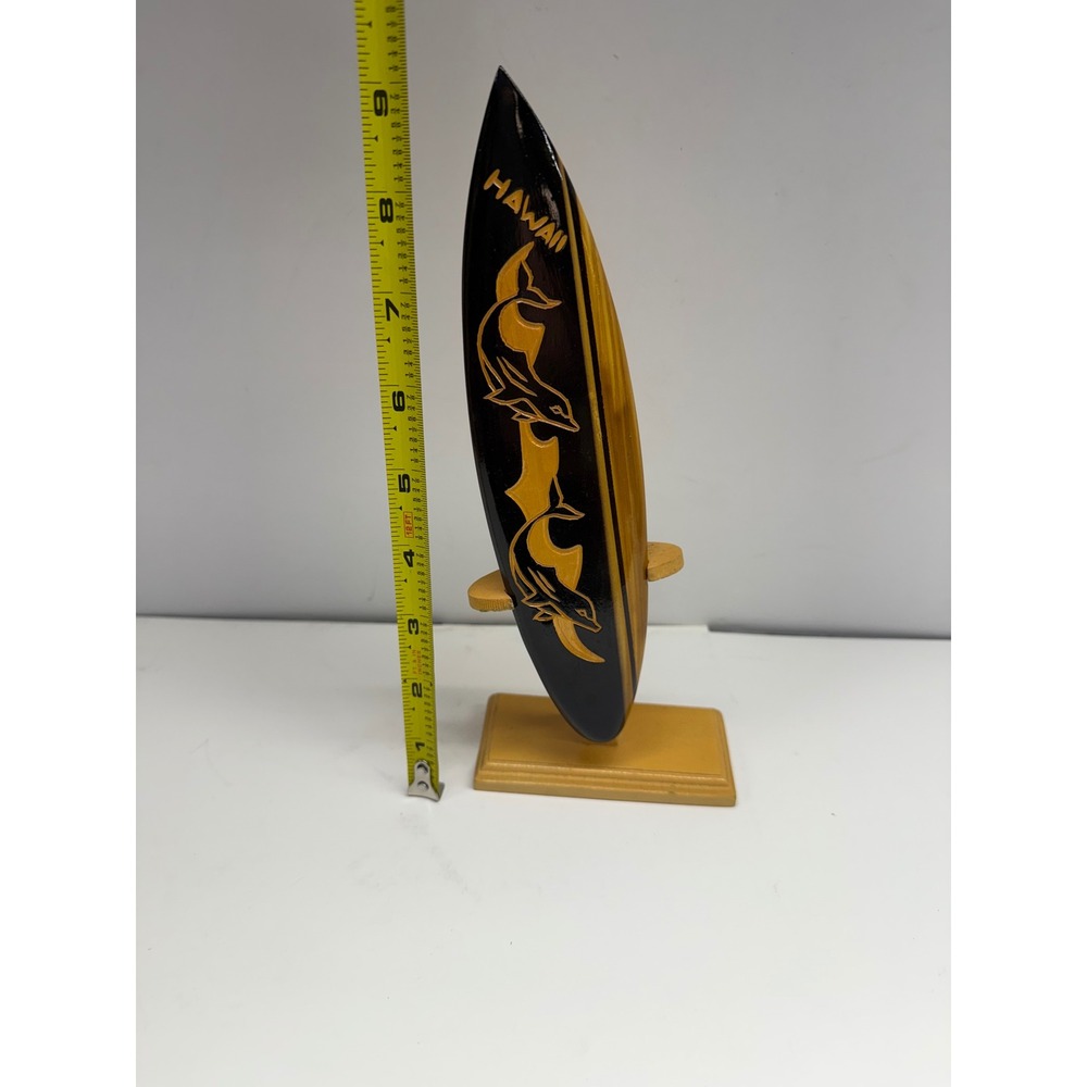 Hawaii Wooden Surfboard Souvenir Decor with Stand Dolphin Carved 9 Inch